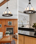Farmhouse Wagon Wheel Six Light Chandelier with frosted seeded glass shades hanging in dining room, all metal construction.
