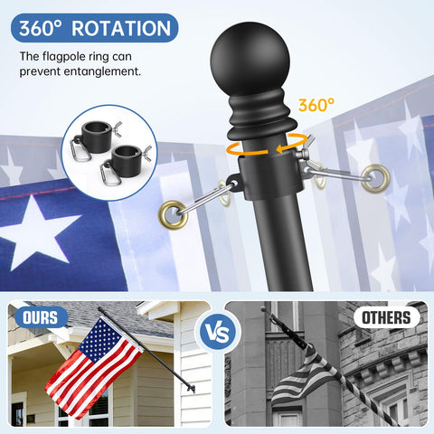 Flag Pole Kit With 3x5 USA Flag 6Ft Heavy Duty Steel Tangle Free Flagpole For Outdoor Home Display, showing 360-degree rotation feature