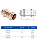 3/4 Inch Copper Press Fittings Coupling With Stop Zero Lead P To P, 10 Pack, with size and specifications chart.