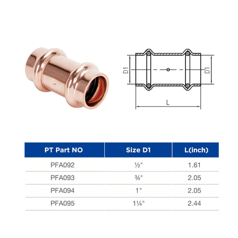 3/4 Inch Copper Press Fittings Coupling With Stop Zero Lead P To P, 10 Pack, with size and specifications chart.
