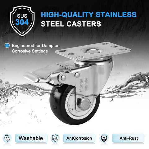 Moogiitools 304 stainless steel caster wheel with brake, 2-inch PU wheel; anti-corrosion industrial caster
