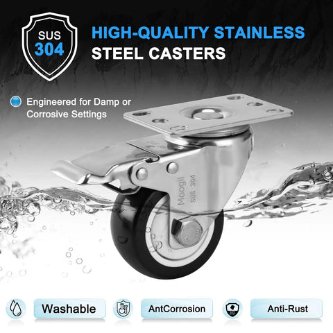 Rock Solid 3 Inch SUS304 Stainless Steel Caster Wheels With Precision Locking Brake Rust Proof Polyurethane Tread in damp settings.
