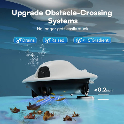 Cordless Robotic Pool Cleaner For Above Ground Pools With 40W Suction, Dual Cleaning System, Barrier Crossing showcased.