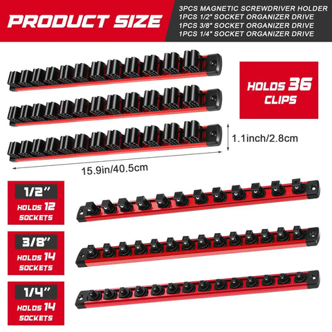 Six Piece Magnetic Socket Organizer And Screwdriver Organizer Set With Three Socket Rails For Quarter Inch, Three Eighth Inch, And Half Inch Drives, Metric And SAE, Plus Three Holders For Screwdrivers And Wrenches, Tools Not Included displayed in various sizes