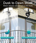 Plug In Outdoor Flood Light With Motion Sensor And Remote on a wall, showing dusk to dawn mode over balcony, 1 Pack
