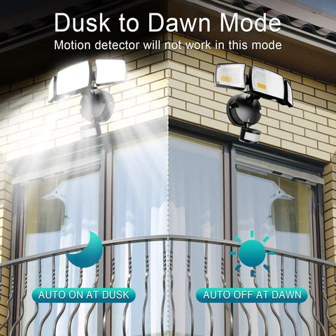 Plug In Outdoor Flood Light With Motion Sensor And Remote on a wall, showing dusk to dawn mode over balcony, 1 Pack