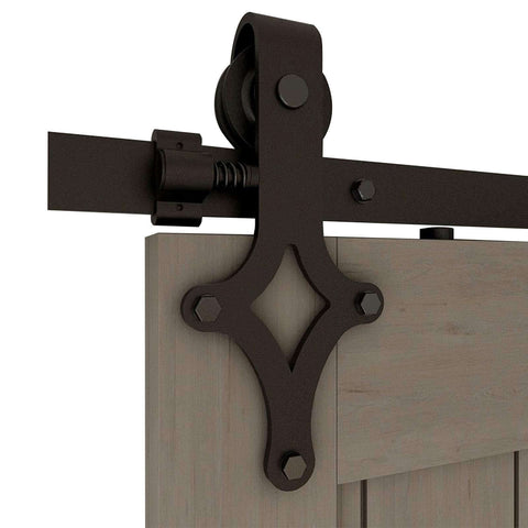 Close-up of 11 Ft Sliding Barn Door Hardware Track Kit With Floor Guide Heavy Duty Built To Last Construction Smooth And Quiet Operation
