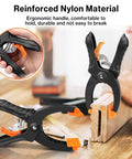 Six Inch Ratchet Clamps 4 Pack Heavy Duty Quick Release Woodworking Clamps With 5mm To 55mm Adjustable Range And 65mm Throat Reinforced Nylon Body And Aluminum Alloy Construction in use on a woodworking project, showing ergonomic handle and reinforced nylon material.