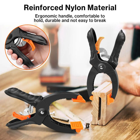 Six Inch Ratchet Clamps 4 Pack Heavy Duty Quick Release Woodworking Clamps With 5mm To 55mm Adjustable Range And 65mm Throat Reinforced Nylon Body And Aluminum Alloy Construction in use on a woodworking project, showing ergonomic handle and reinforced nylon material.