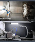 CNC and lathe machines with bright overhead lighting in industrial workshop setting.