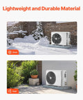 Sturdy Outdoor Mini Split Pad For 9000 To 36000 BTU Ductless AC Heat Pump Systems showing snow and heat settings, lightweight, corrosion resistant