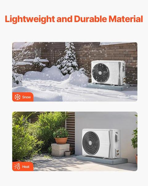 Sturdy Outdoor Mini Split Pad For 9000 To 36000 BTU Ductless AC Heat Pump Systems showing snow and heat settings, lightweight, corrosion resistant