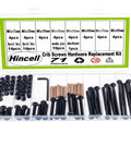 No Sweat Crib Screw Replacement Kit With M6 Hex Drive includes 71 pieces of black screws, wooden dowels, and a wrench in clear storage.