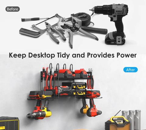 Kick Up Your Garage Game With This Rock Solid Heavy Duty Wall Mount Rack For Power Tool Battery Organizer Featuring An Embedded Eight Outlet Power Strip Black