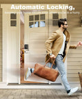 Man rushing out of house with Keyless Entry Smart Lock With Fingerprint And Keypad Access Plus Six Unlock Methods on door.