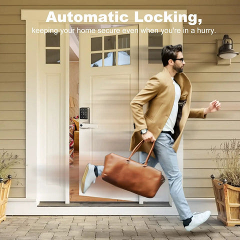 Man rushing out of house with Keyless Entry Smart Lock With Fingerprint And Keypad Access Plus Six Unlock Methods on door.