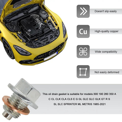 Yellow car with hood open showing engine, details of 10 Pack 14mm Copper Oil Drain Plug Gasket Set for Your Ride Seals Replacement.