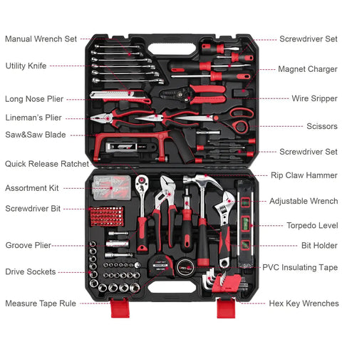 Built Tough 218 Piece Tool Kit For Homeowners And Auto Repair Featuring Heat Treated Chrome Wrenches Sockets Pliers Screwdrivers And Compact Case Black Red