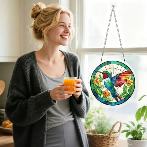 Woman enjoying morning beverage near a Colorful Hummingbird Puzzle Suncatcher Kit 83 Piece DIY Acrylic Sun Catcher for doors and windows.