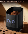 Pro Grade Ultra Precise 0.1g Coffee Scale With Dosing Cup showing dimensions and LED display on wooden surface