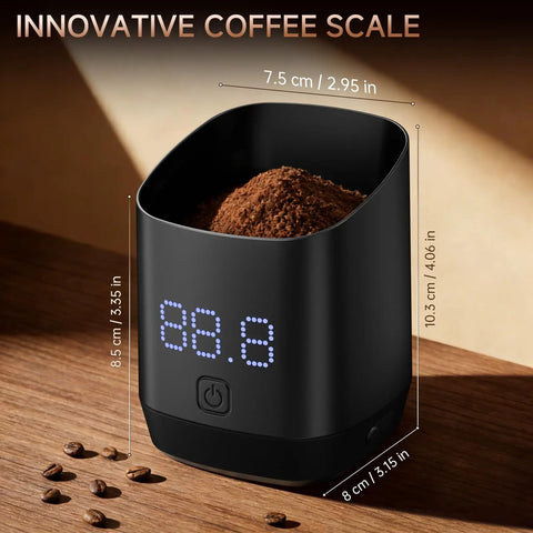 Pro Grade Ultra Precise 0.1g Coffee Scale With Dosing Cup showing dimensions and LED display on wooden surface