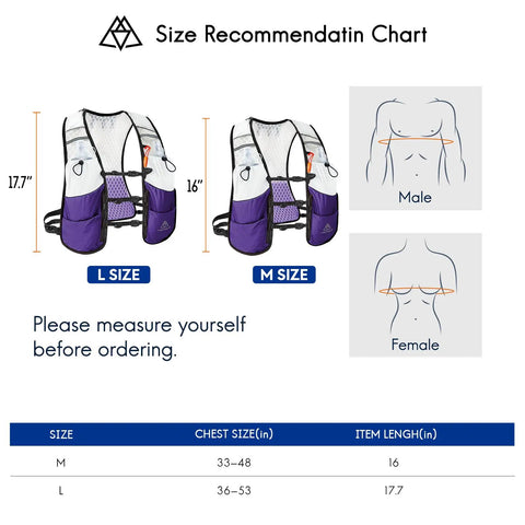 Size chart for 5L Trail Running Hydration Vest With Soft Flasks Including 2 X 500ml Purple Medium Lightweight Bounce Free Fit