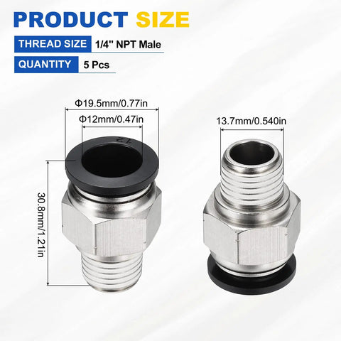 5 Pack Push To Connect Fittings For 0.47 Inch Tubing Quarter Inch NPT Nickel Plated Brass Straight Pneumatic Male Adapters Black Quick Connect Air Line Fittings For Pneumatic Systems DIY Friendly product dimensions and specifications.