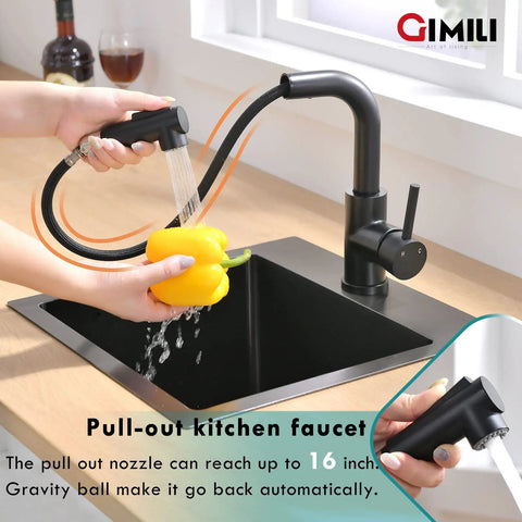Modern Bar Sink Faucet With Pull Out Sprayer, Single Handle, Matte Black Kitchen Faucet With Joystick Control, in use