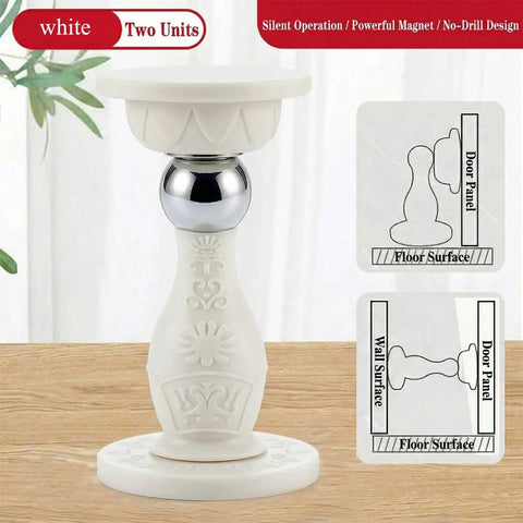 Heavy Duty Magnetic Door Stopper 2 Pack With Peel And Stick Adhesive Silicone Wall Protector No Drill Floor Catch For Renters And Home Office White Pro Move Design on a wooden surface.