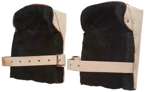 Heavy Duty Leather Kneepads With Double Thick Water Repellent Felt Lining For All Day Comfort Tan Color Adjustable Leather Straps With Steel Buckles And Riveted Construction For Pro Grade Durability showing interior lining and straps