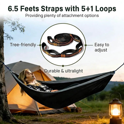 Person relaxing in a portable camping hammock with tree straps and attached carry bag for outdoor adventures and backyard relaxation