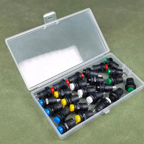 Pack Of 24 12mm Latching Push Button Switches SPST On Off AC 250V 1.5A And 125V 3A in plastic box, assorted colors
