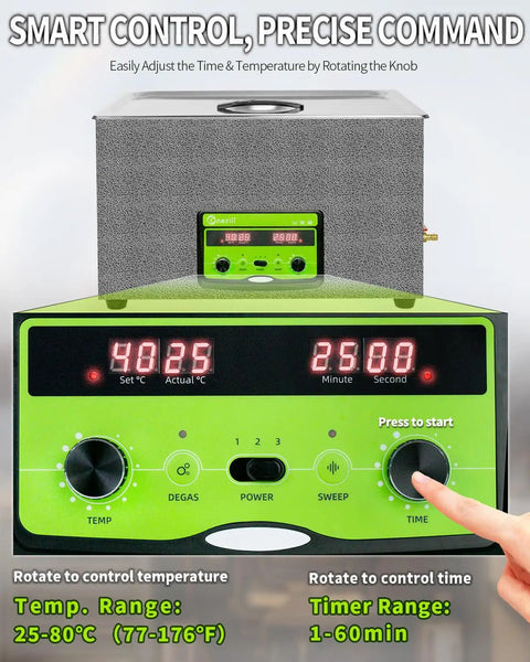 Control panel of Heavy Duty 30L Ultrasonic Cleaner 600W with temperature, timer settings, and knob adjustments for precise cleaning.