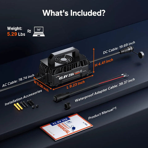 36V 25A LiFePO4 Charger With 38.4V Ready Output, IP65 Waterproof Beast Build showing dimensions and included accessories