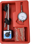 Front view of a dial indicator with magnetic base and long arm in a red case with probe set.