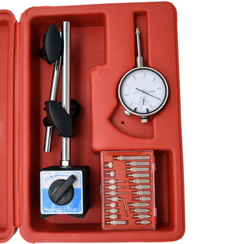 Front view of a dial indicator with magnetic base and long arm in a red case with probe set.