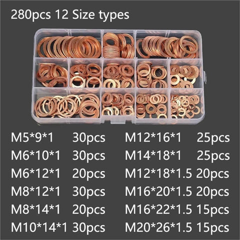 Flat Copper Washers Solid Gasket Kit M5 M14 280 Pieces Set for Sump Plugs Oil Usage and Engines in organizer box