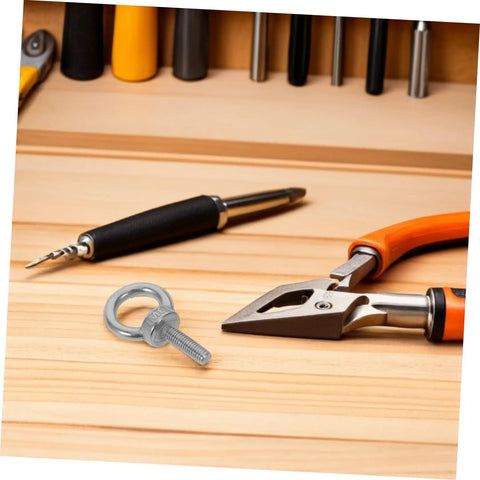 Stainless Steel Eyebolts With Closed Ring M6x20 For Heavy Duty Hanging, Beefy Load Bearing Eye Bolts With Washer And Nut, Concrete Or Wood Anchor Screws, Durable, Secure Mounts For Outdoor Gear Or Equipment. Eyebolt on wood with pliers