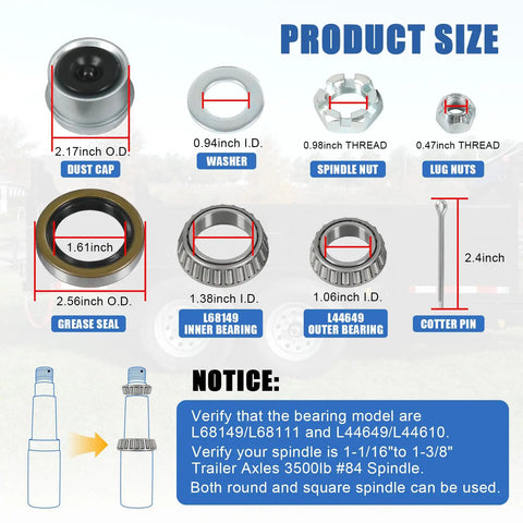 Trailer Hub Kit Beefed-Up 5 Bolt 4.5 Inch 3500 Lb Idler Wheel With L68149 L44649 Bearings chart with dimensions and components
