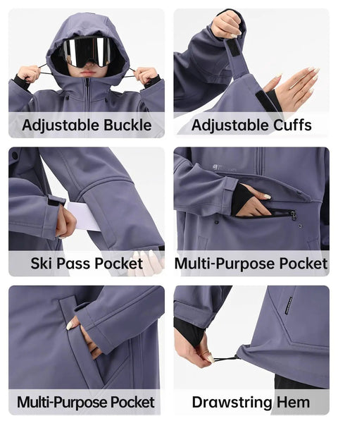 Unisex Ski Hoodie Anorak Pullover Jacket Baggy Fit with adjustable cuffs, ski pass pocket, multi-purpose pocket, and drawstring hem.