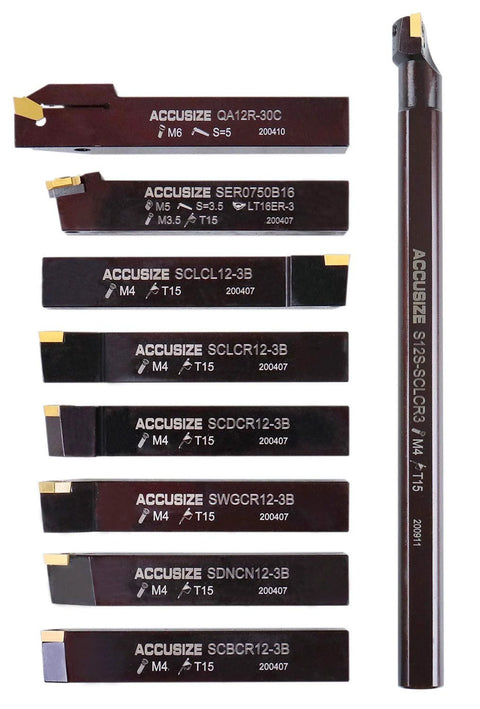 Accusize 9-piece indexable turning and boring tool set with TiN-coated C6 inserts; 3/4 in shank for steel (Amazon brand)
