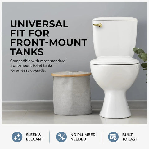 Polished Brass Front Mount Toilet Handle Replacement Kit With Universal Flush Lever Fits Most Front Mount Toilet Tanks Easy Install No Tools Required Today on a white toilet