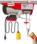 Electric hoist by Senotoyar, 1760 lb capacity, with wired and wireless remotes; red and silver frame, steel rope.