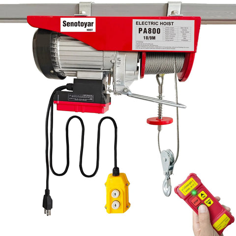 Electric hoist by Senotoyar, 1760 lb capacity, with wired and wireless remotes; red and silver frame, steel rope.
