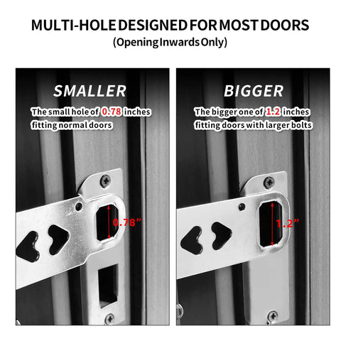 Premium Portable Door Lock 2 Pack Pink For Extra Privacy And Home Security, multi-hole design comparison, smaller 0.78 inches vs bigger 1.2 inches.