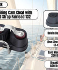 Premium Nylon Sailing Cam Cleat With Wire And Strap Fairlead 132 for line sizes 1/8 to 3/8 inch, Delrin bearings, marine use.