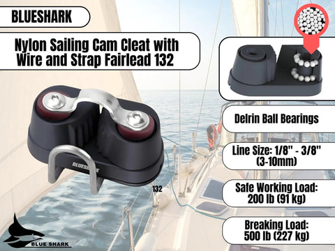 Premium Nylon Sailing Cam Cleat With Wire And Strap Fairlead 132 for line sizes 1/8 to 3/8 inch, Delrin bearings, marine use.