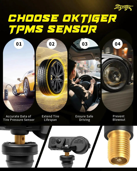 Highway Hero 315MHz Tire Pressure Monitor Sensor with detailed installation angles and features for Chevy and GMC vehicles.
