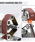 Close-up of Compact Mini Electric Belt Sander For Desktop Projects showing wider sanding belts and mechanics for improved sanding.