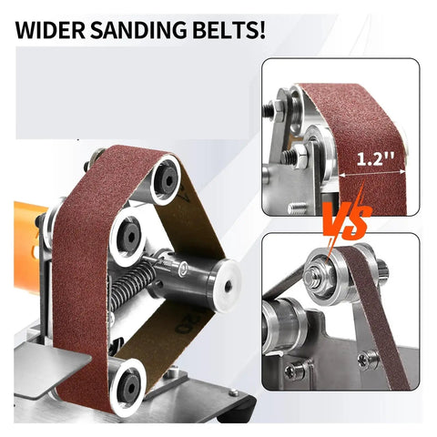 Close-up of Compact Mini Electric Belt Sander For Desktop Projects showing wider sanding belts and mechanics for improved sanding.